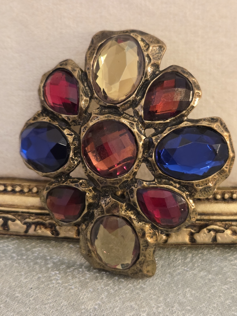 Genuine Vintage Gold-Tone Brooch/pin with Blue, Red, and Amber Glass Stone Inlay